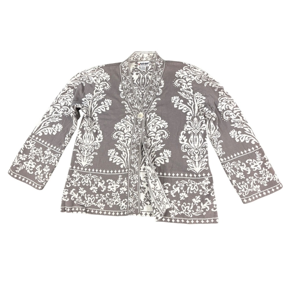 Vintage National Womens Grey‎ White Damask Floral Cotton Knit Cardigan Sweater M